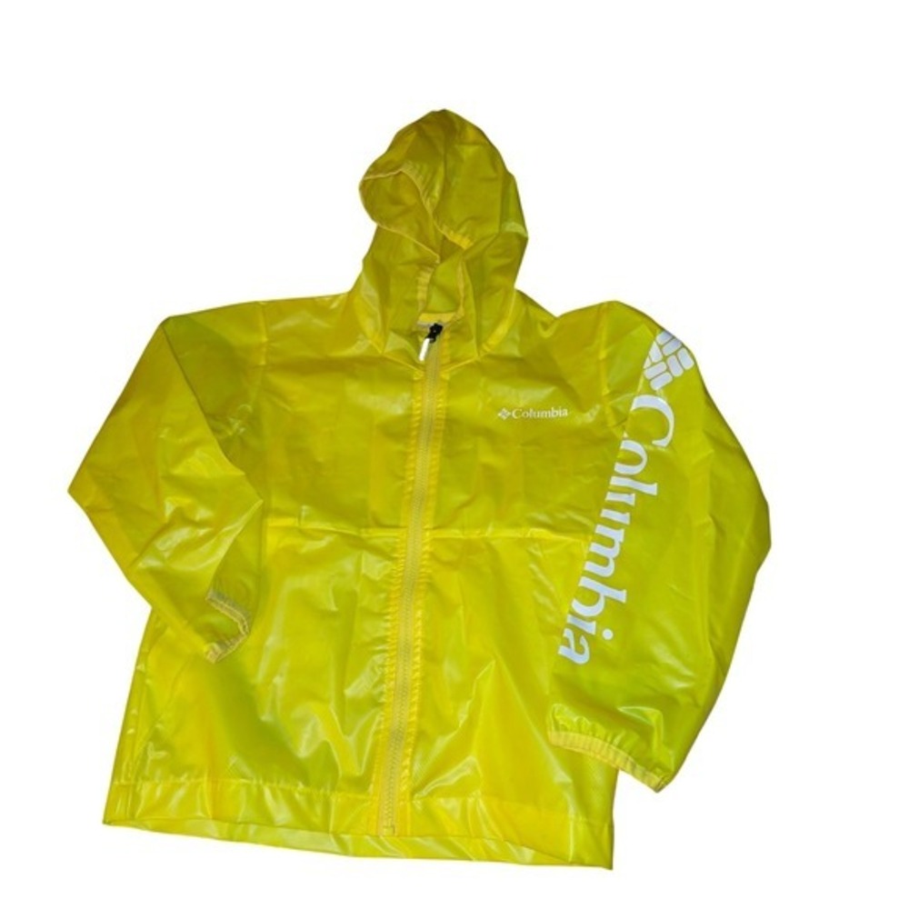 Columbia Kids Yellow Hooded Rain Jacket Full Zip Logo Sleeve Windbreaker XS 6yrs